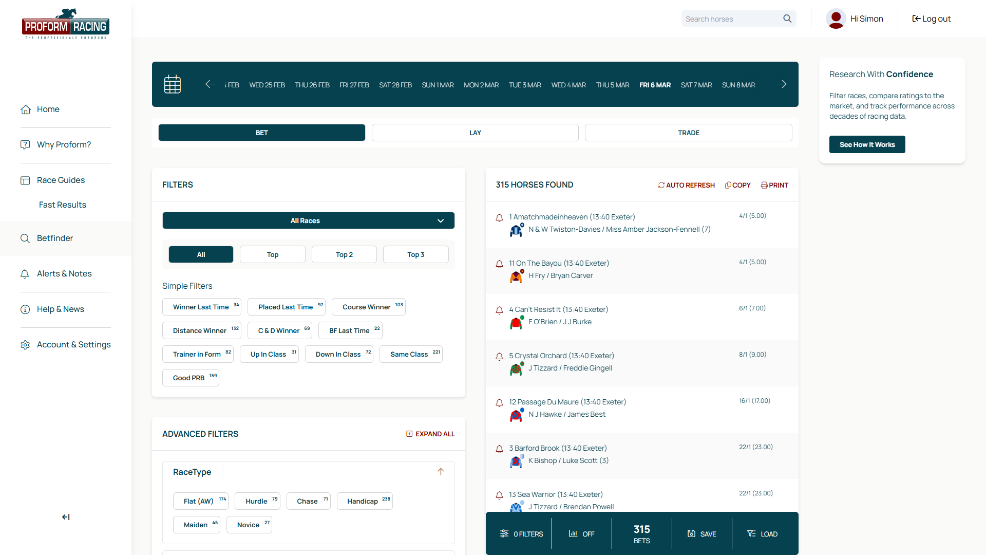 Proform Bet / Lay / Trade Finder Help Guide
