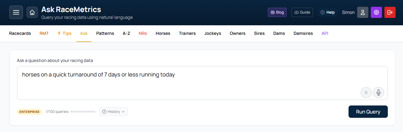 horses on a quick turnaround of 7 days or less running today