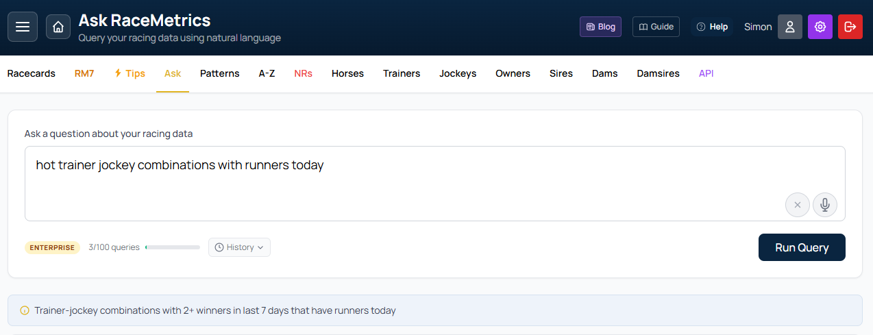 hot trainer jockey combinations with runners today