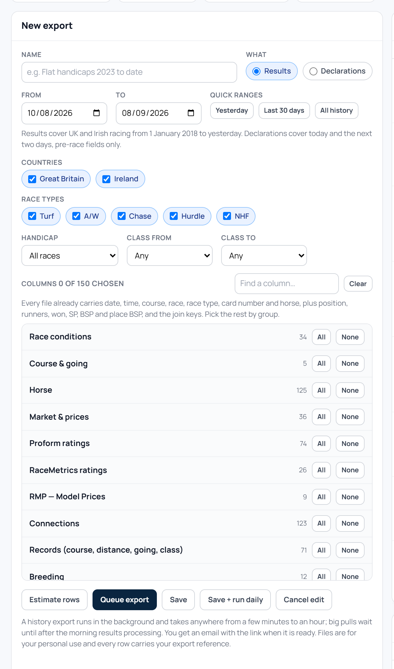 The Data Export builder: date range, countries, race types and the grouped column picker with around 150 columns