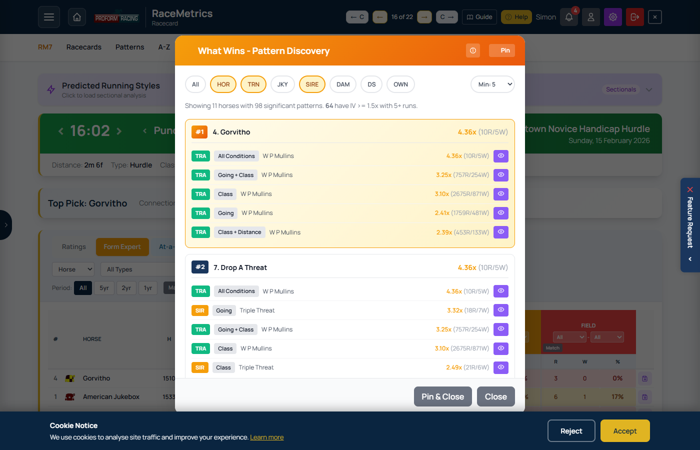 What Wins pattern discovery modal showing Impact Value analysis
