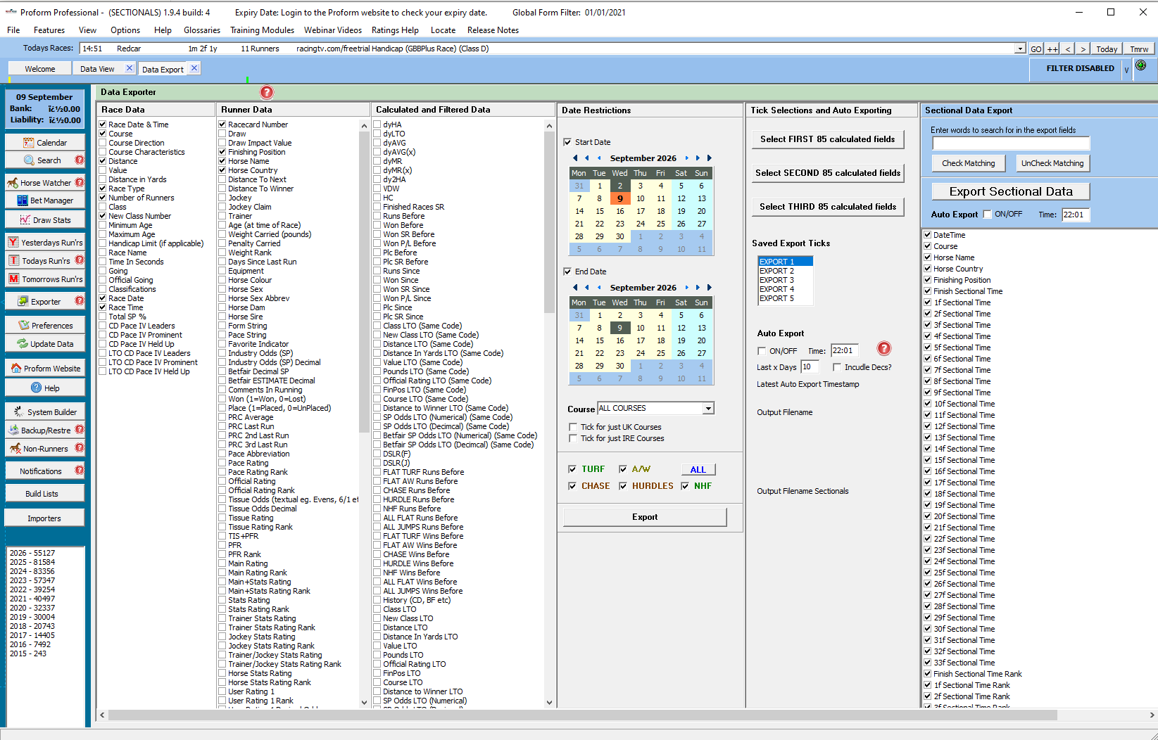 The Proform Data Exporter: race, runner and calculated field lists with tick boxes, date restrictions and a separate sectional data export