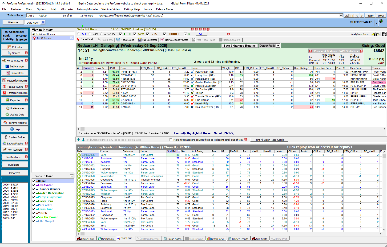 The Proform desktop racecard: today's runners with ratings, pace, draw and prior form beneath