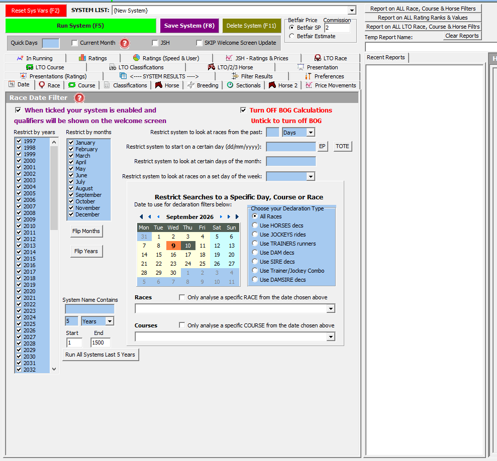 The desktop System Builder showing the race date filter, with tabs for ratings, classifications, breeding, sectionals and price movements