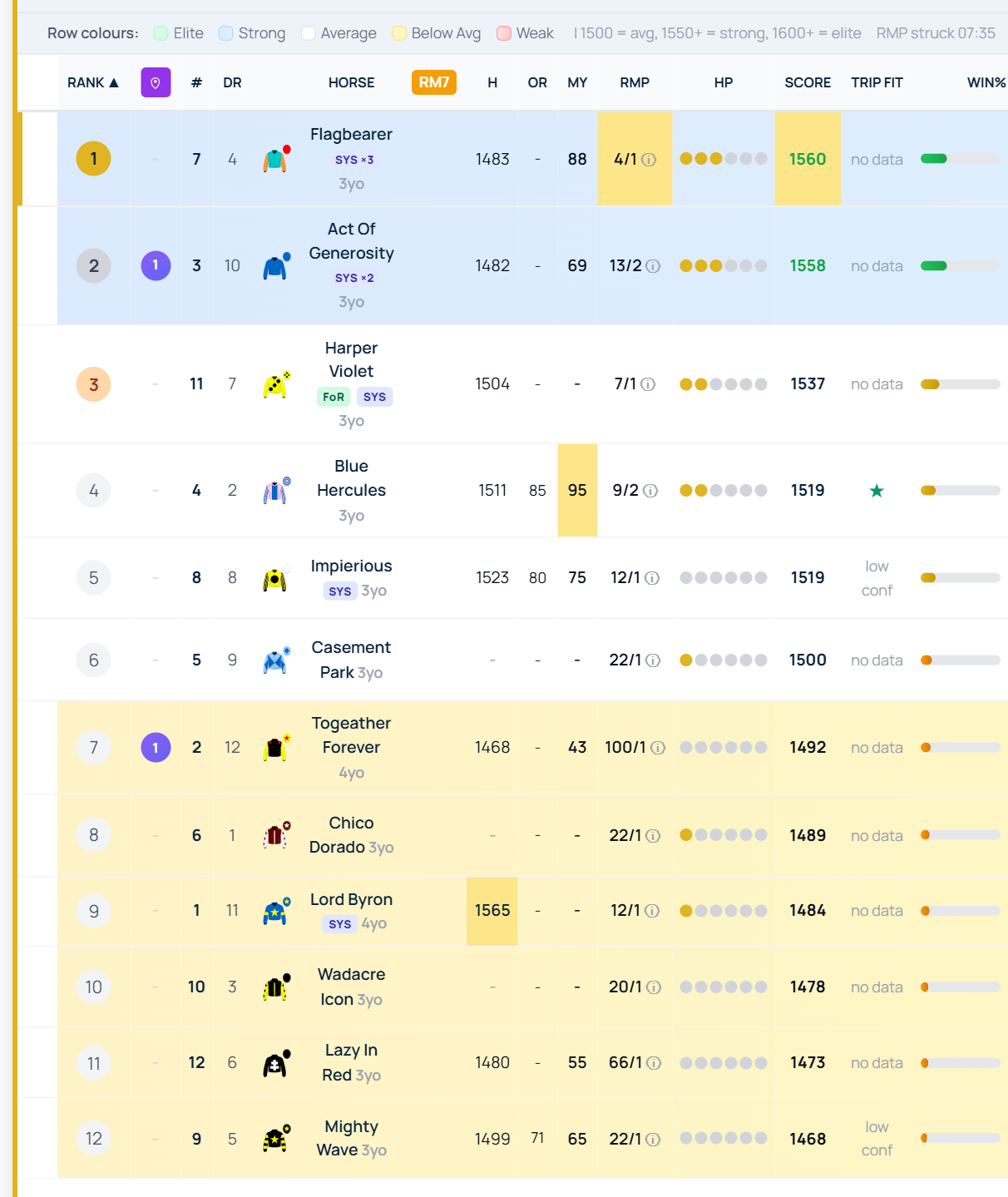 A racecard showing the RMP column with a model price for every runner, next to the RaceMetrics ratings and the market prices